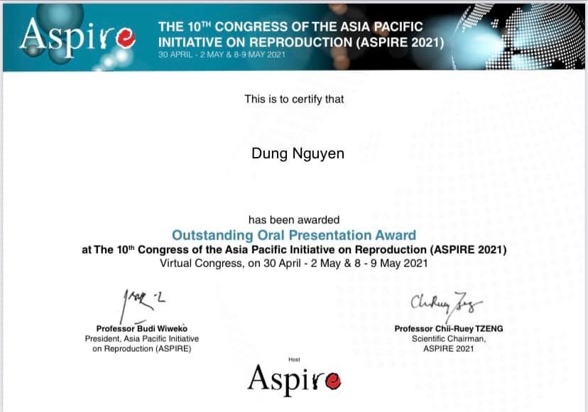 HRC researchers are honored to receive awards at the Asia Pacific Fertility Initiative (ASPIRE 2021)