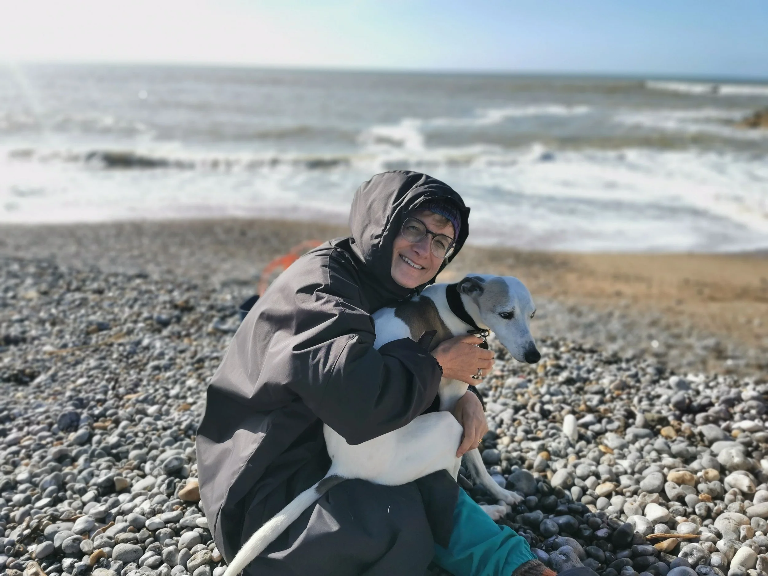 Person in outdoor clothing, including a hood and glasses, cuddling a white dog with black markings on a rocky beach near the ocean under a clear sky.