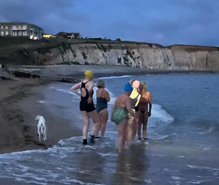 Group of people in swimsuits and swim caps wading in the ocean at dusk, with a dog on the beach and a cliff in the background.