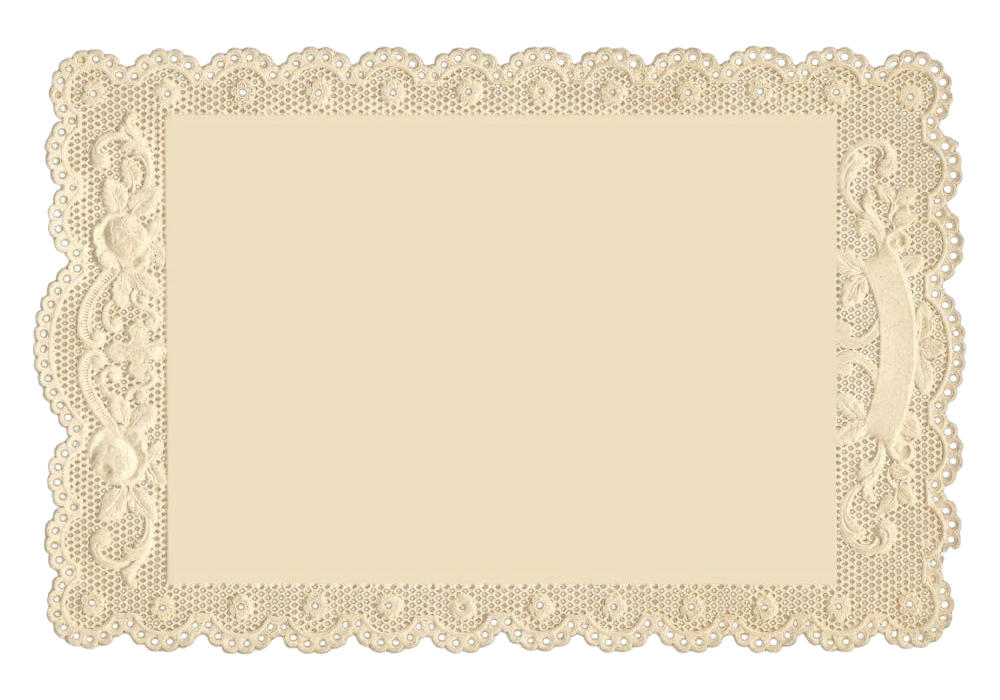 A decorative beige lace doily with intricate floral patterns and scalloped edges.