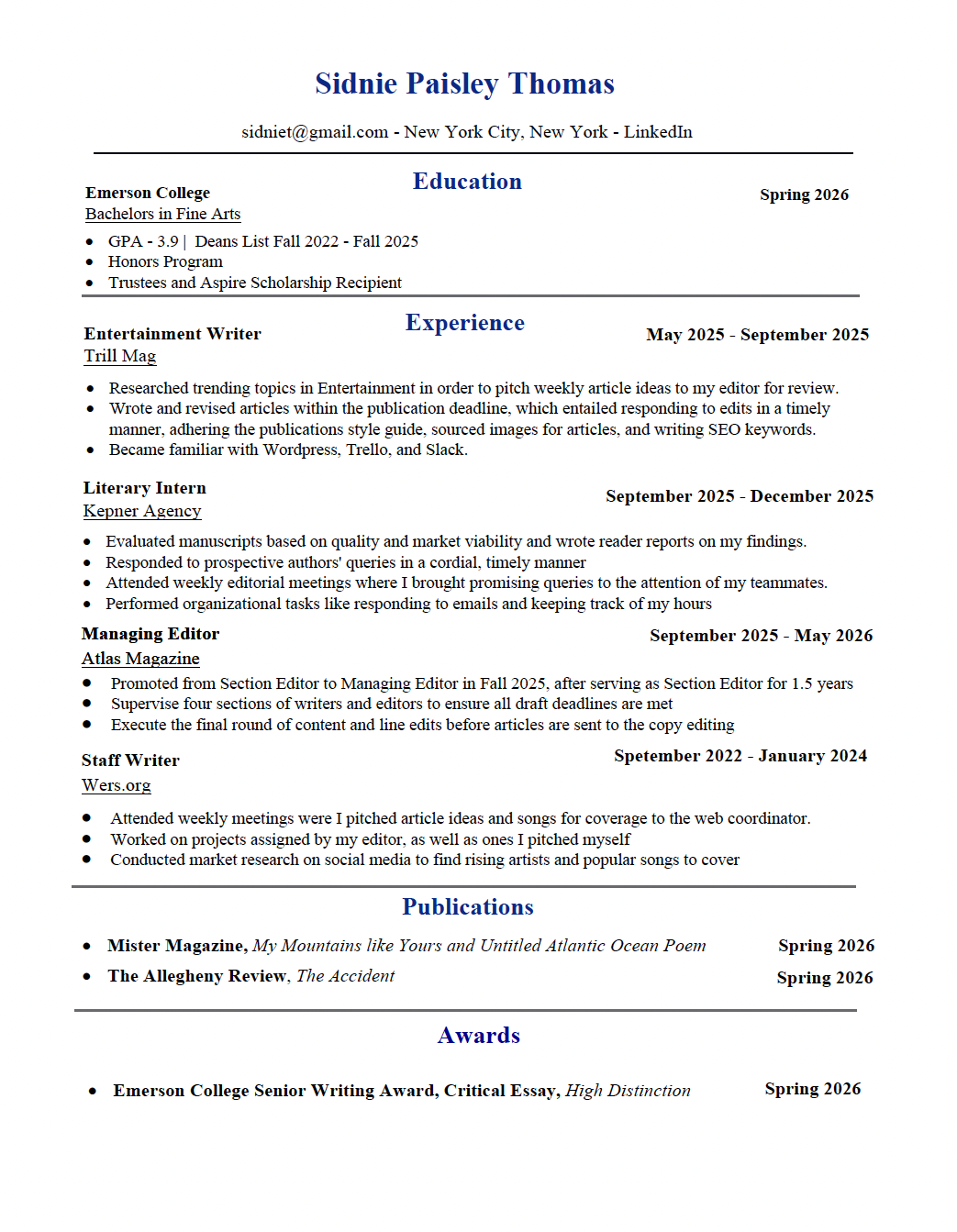 A resume for Sidnie Paisley Thomas showing contact info, education, experience, publications, awards, all in black text with section headers in blue, on a white background.