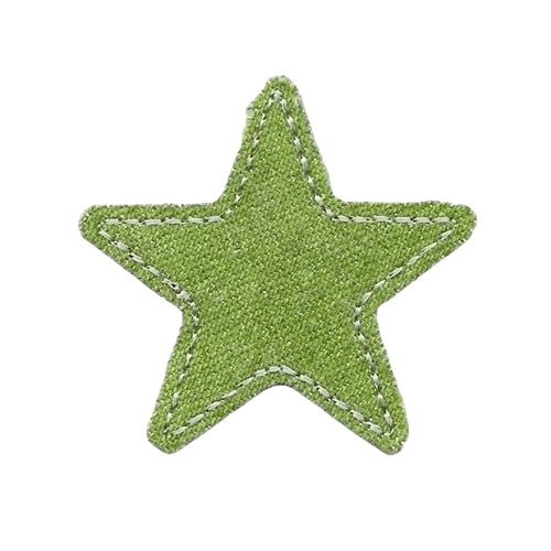 A star-shaped object covered with green moss or grass, stitched with white thread around the edges.