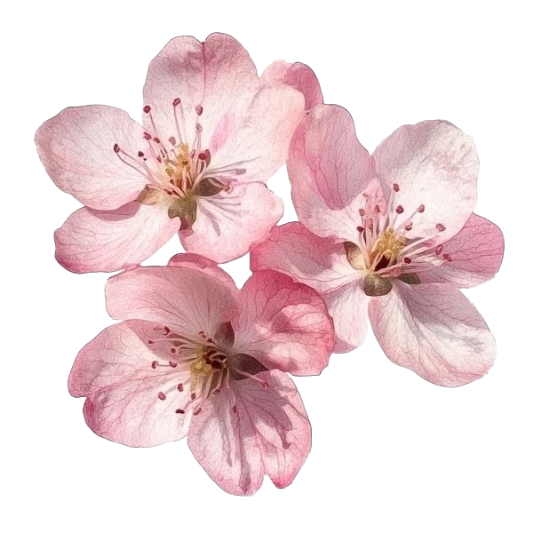 Three pink cherry blossom flowers with yellow and brown stamens against a transparent background.