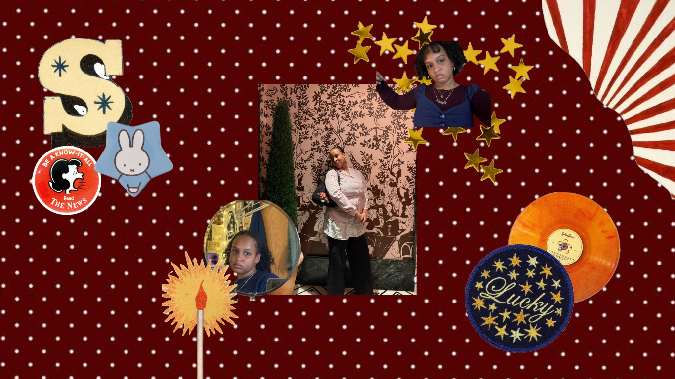 A digital collage with a red polka dot background, featuring three photos of a woman, star-shaped decorations, cheese and record images, stickers with a rabbit and a news logo, and a large letter S with stars.