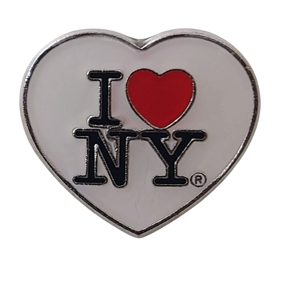 Heart-shaped pin with the words "I ❤️ NY" in black, with the heart in red.