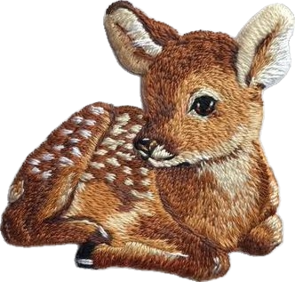 Embroidery of a fawn lying down with detailed brown and white fur.