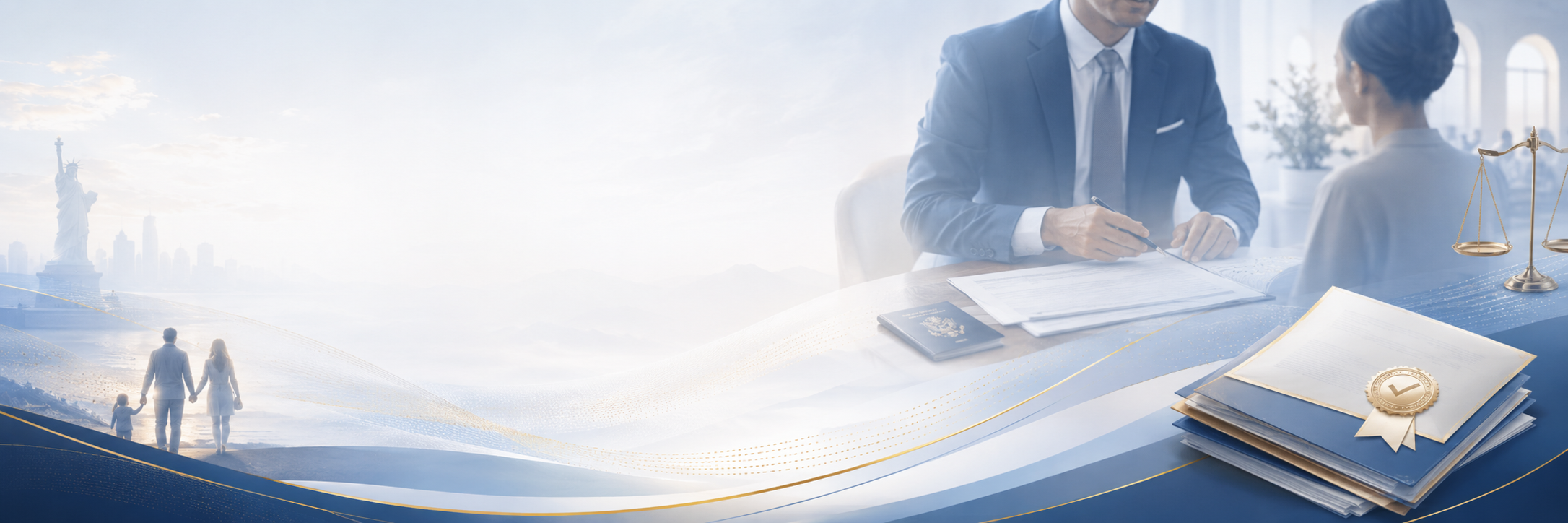 Image combines a lawyer and family scene, with legal documents, a statue of liberty, city skyline, and scales of justice.