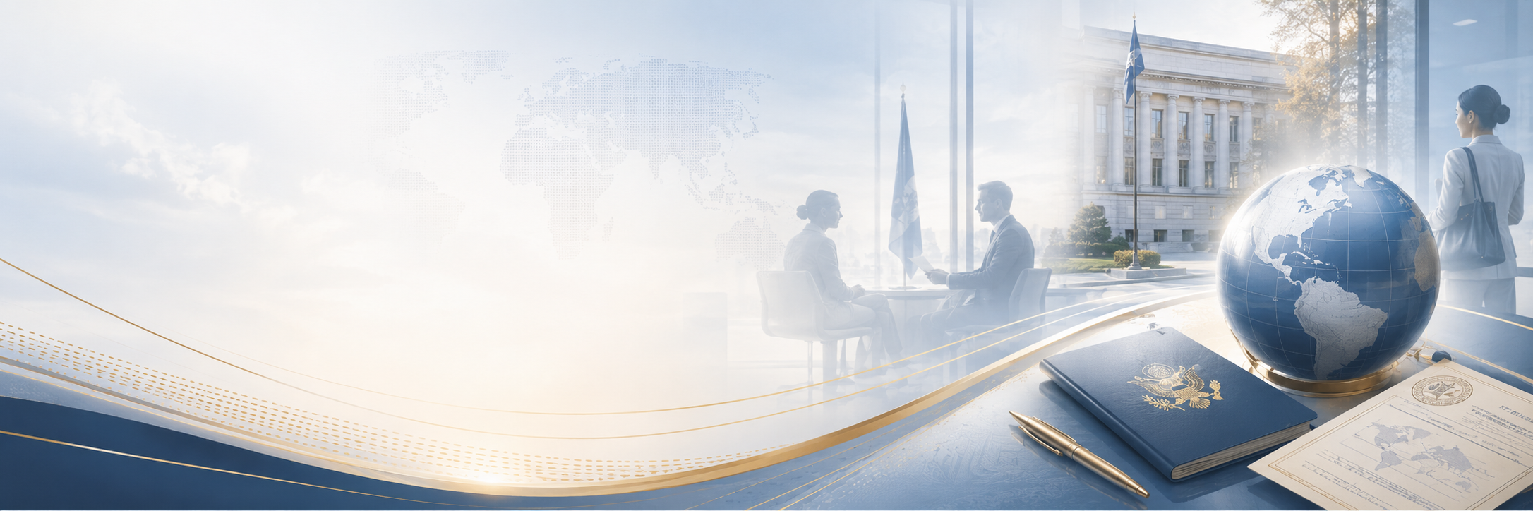 A digital collage combining government and global themes. It features a man and woman in a business setting, a globe, passport, and documents, with a government building in the background and a world map overlay.