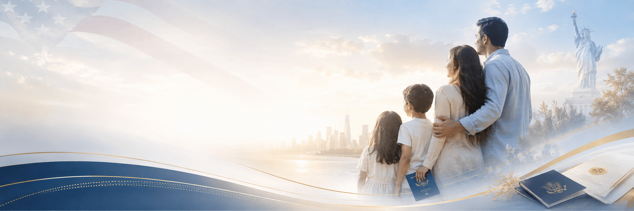 A family of four looking at the Statue of Liberty with New York City skyline in the background during sunset, with U.S. passports and documents in the foreground.
