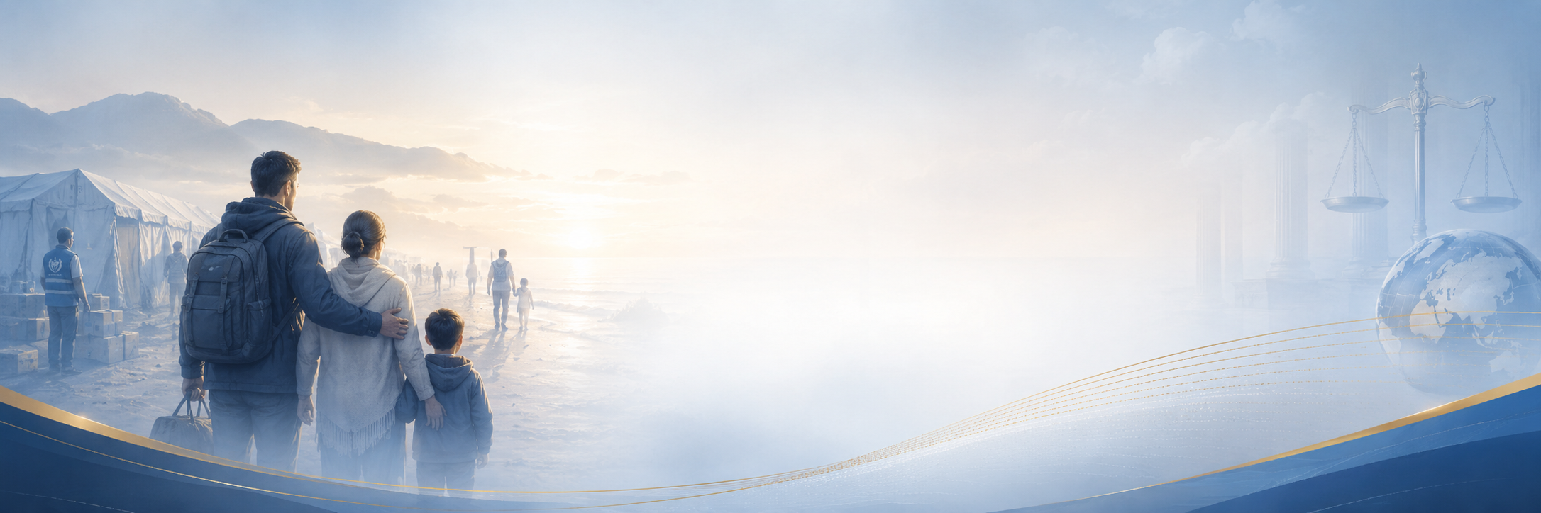 A family walks along the beach at sunset, with a humanitarian tent and people in the background, and a digital graphic overlay of the Scales of Justice and Earth.