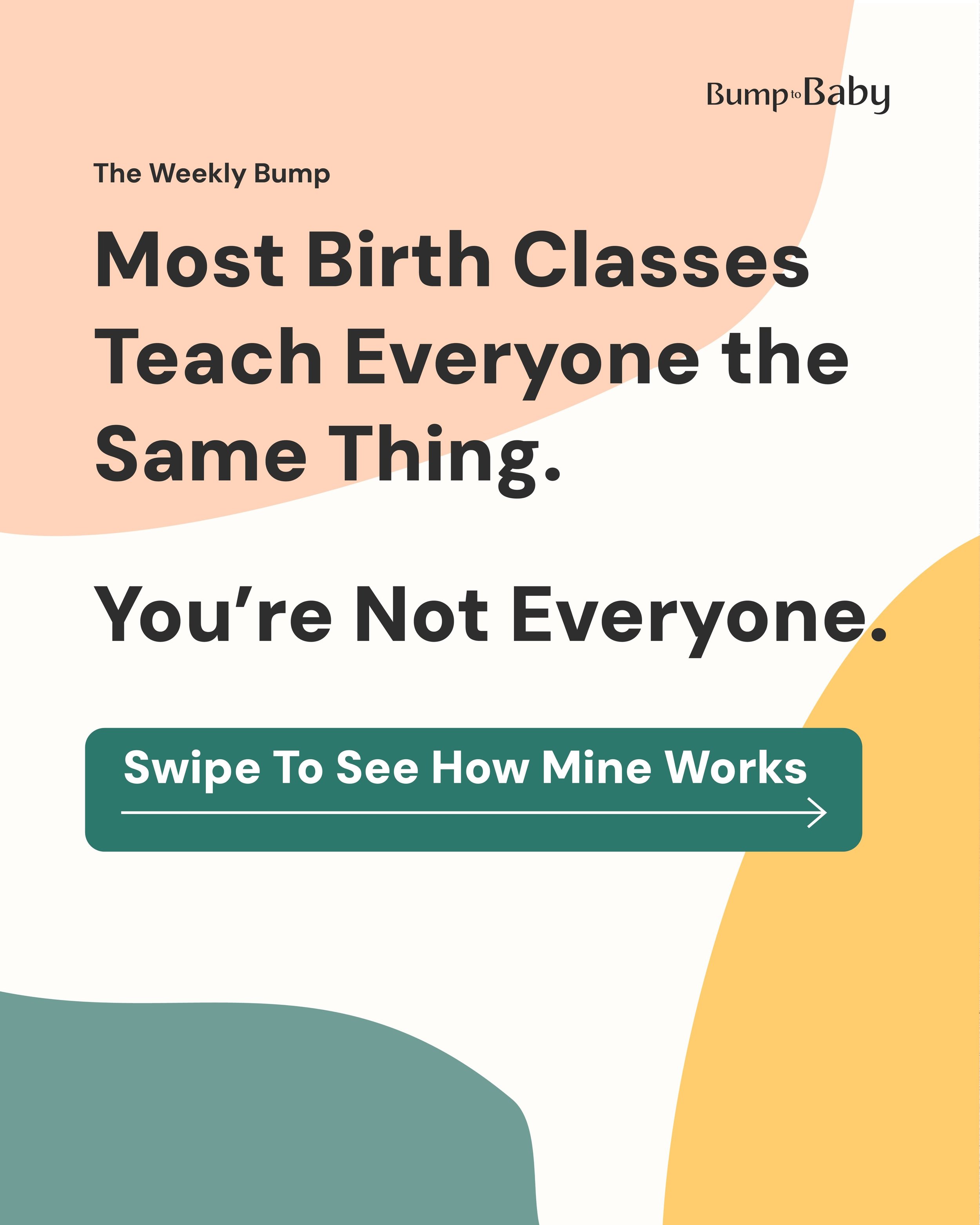 Most birth classes start the moment class begins. Mine starts before you ever show up. 

Swipe to see exactly what happens when you enroll: from the form you fill out beforehand to the support you get after class ends.

Classes are capped at 12 famil