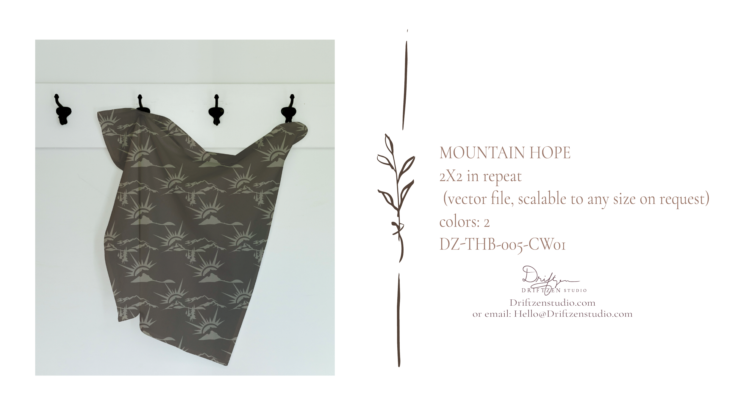 A kitchen towel Mountain Hope colorway of Mountain Horizon, a small-scale repeating mountain horizon design.