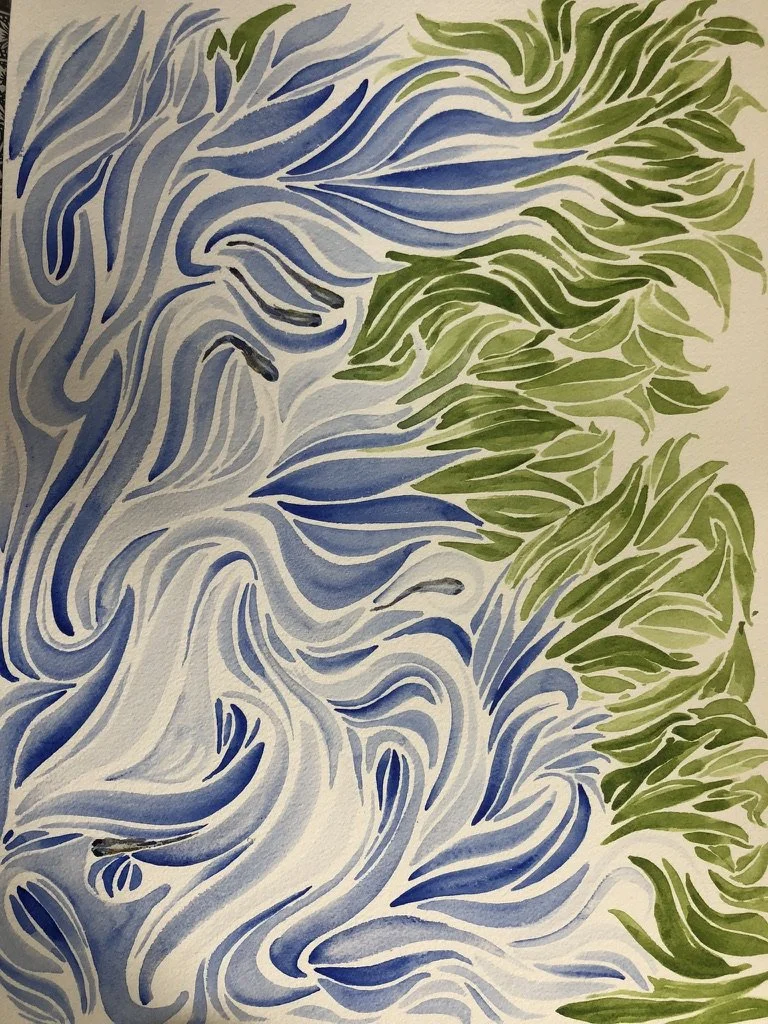 Abstract painting featuring swirling blue and white patterns on the left side and green leafy patterns on the right side.