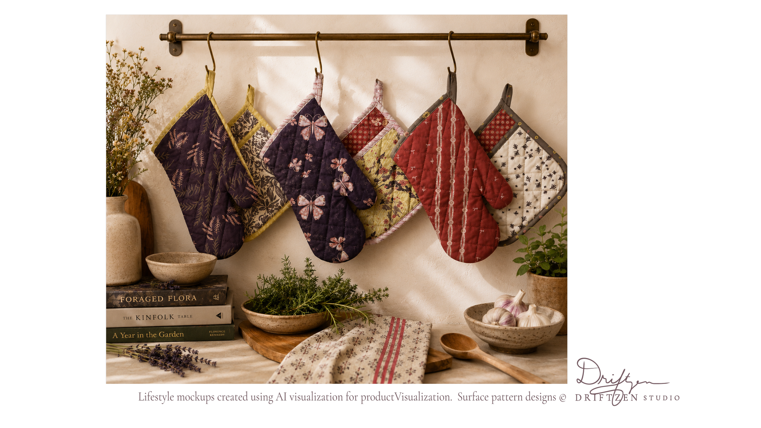 A row of quilted oven mitts hanging on a brass rod above a table with plants, garlic, and kitchen books.