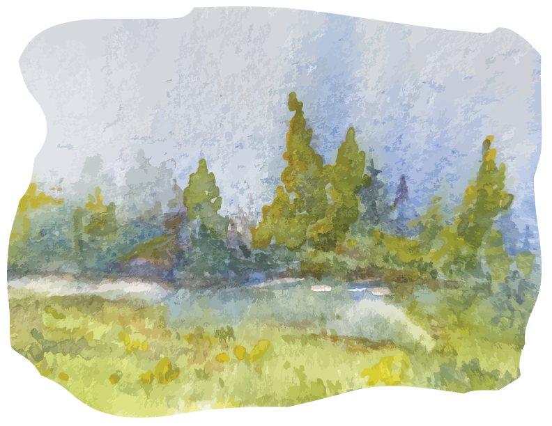 A watercolor painting of a peaceful landscape with green trees, a grassy field, and a blue sky.