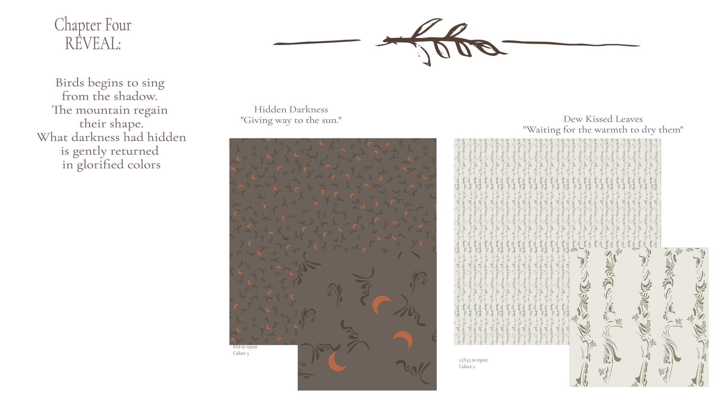 Hidden Darkness explores the deeper shapes revealed at night, when familiar forms become silhouettes and shadow adds mystery to the landscape. Dew kissed leaves brings a fresh moring shimmer to a slender leaf trail, quiet movment, light, airy rhythm