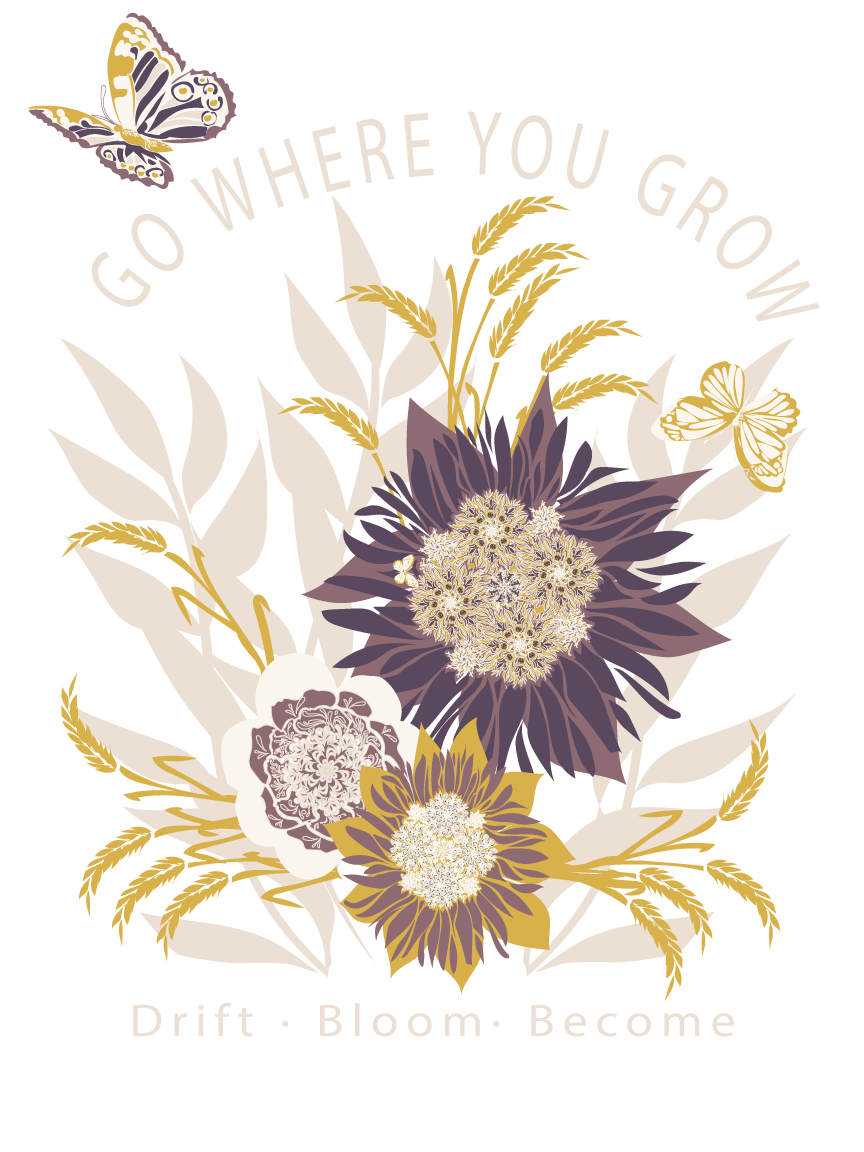 A decorative digital illustration with a black background featuring flowers, butterflies, and wheat. The text reads "Go Where You Grow" at the top and "Drift · Bloom · Become" at the bottom.
