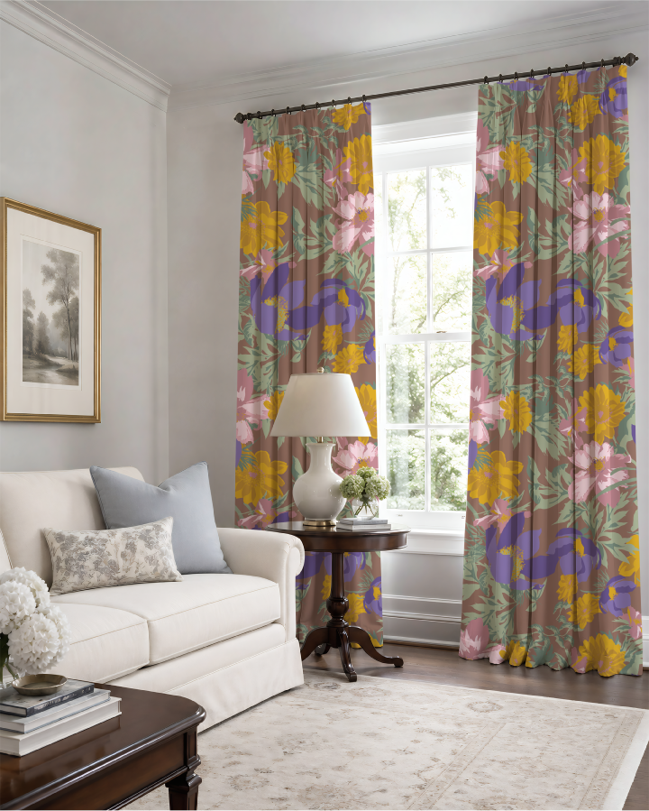 Living room featuring curtains with Driftzen Studio's original floral surface pattern inspired by Montana wildflowers. Wildflower Waltz