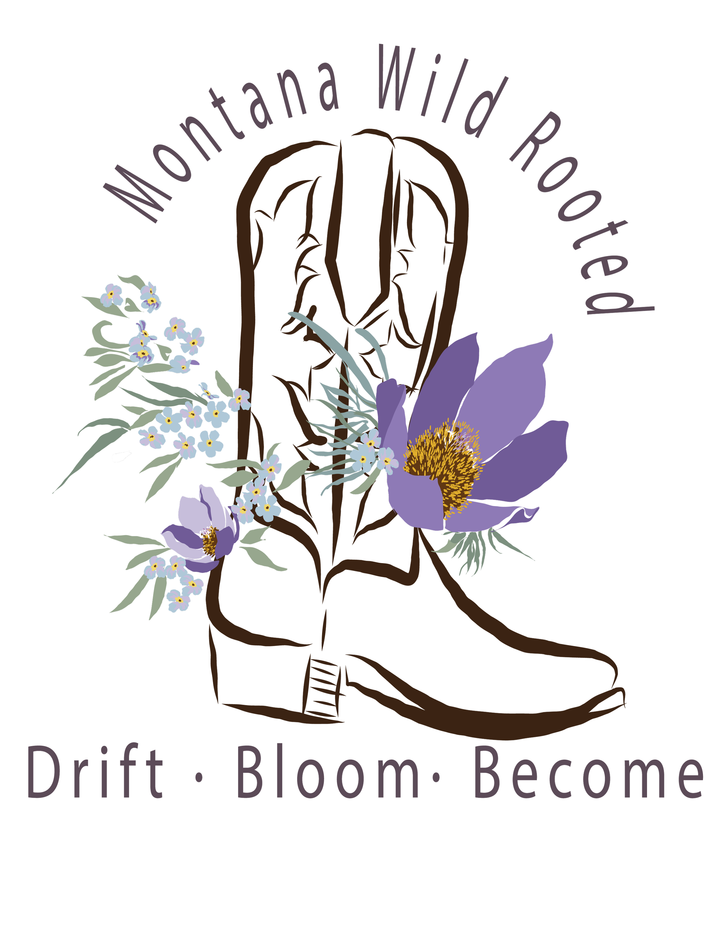 A black background featuring a brown wicker basket filled with purple and white flowers and green foliage, with the words 'Drift · Bloom · Become' written below.