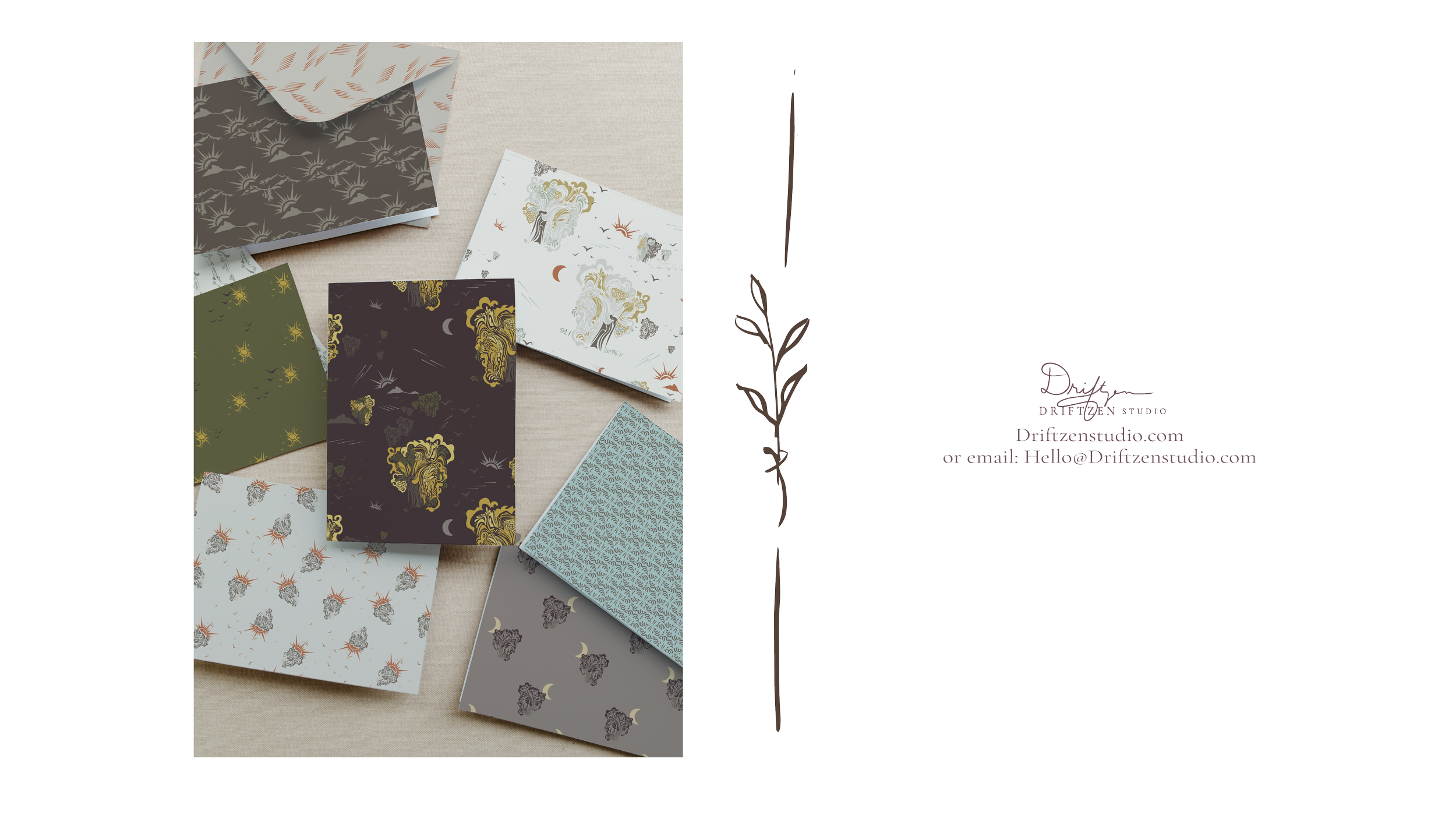 stationary with a veriety of First Glow colorway of Glow, a repeating botanical pattern with leaves, a low mountain horizon, and a rising sun.
