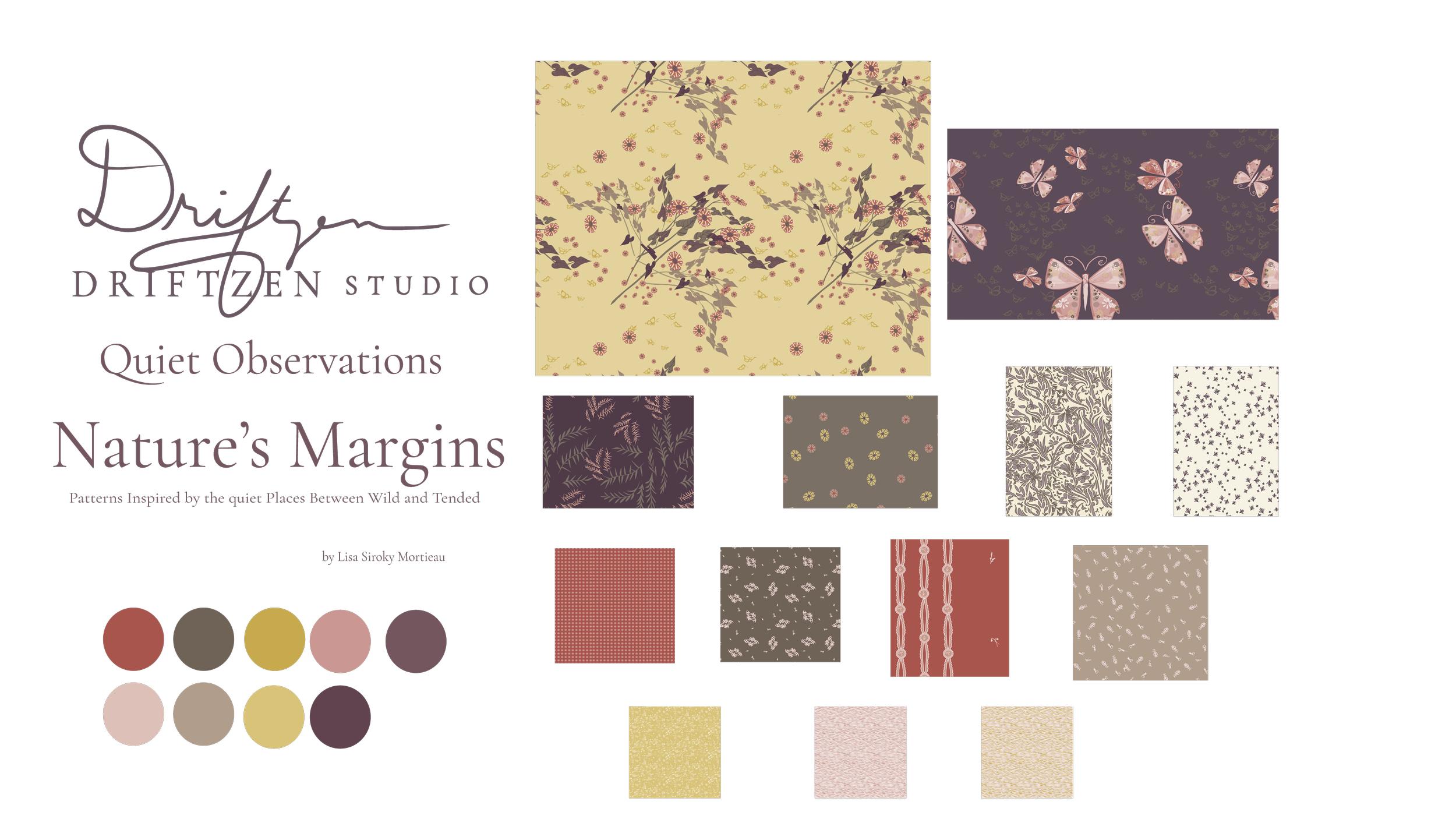 “Nature’s Margins hero image — hand-drawn botanical surface pattern collection by Driftzen Studio, inspired by Montana wildflower margins and trail edges, available for licensing”