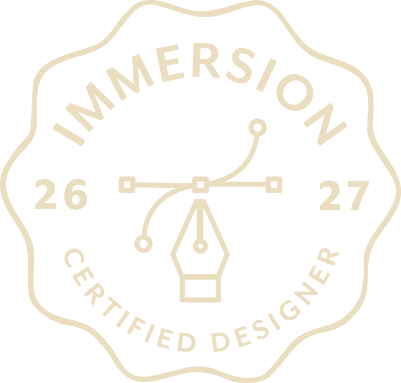 A certification badge with the text 'Immersion 26-27 Certified Designer', featuring a geometric pen nib logo and a stylized border.