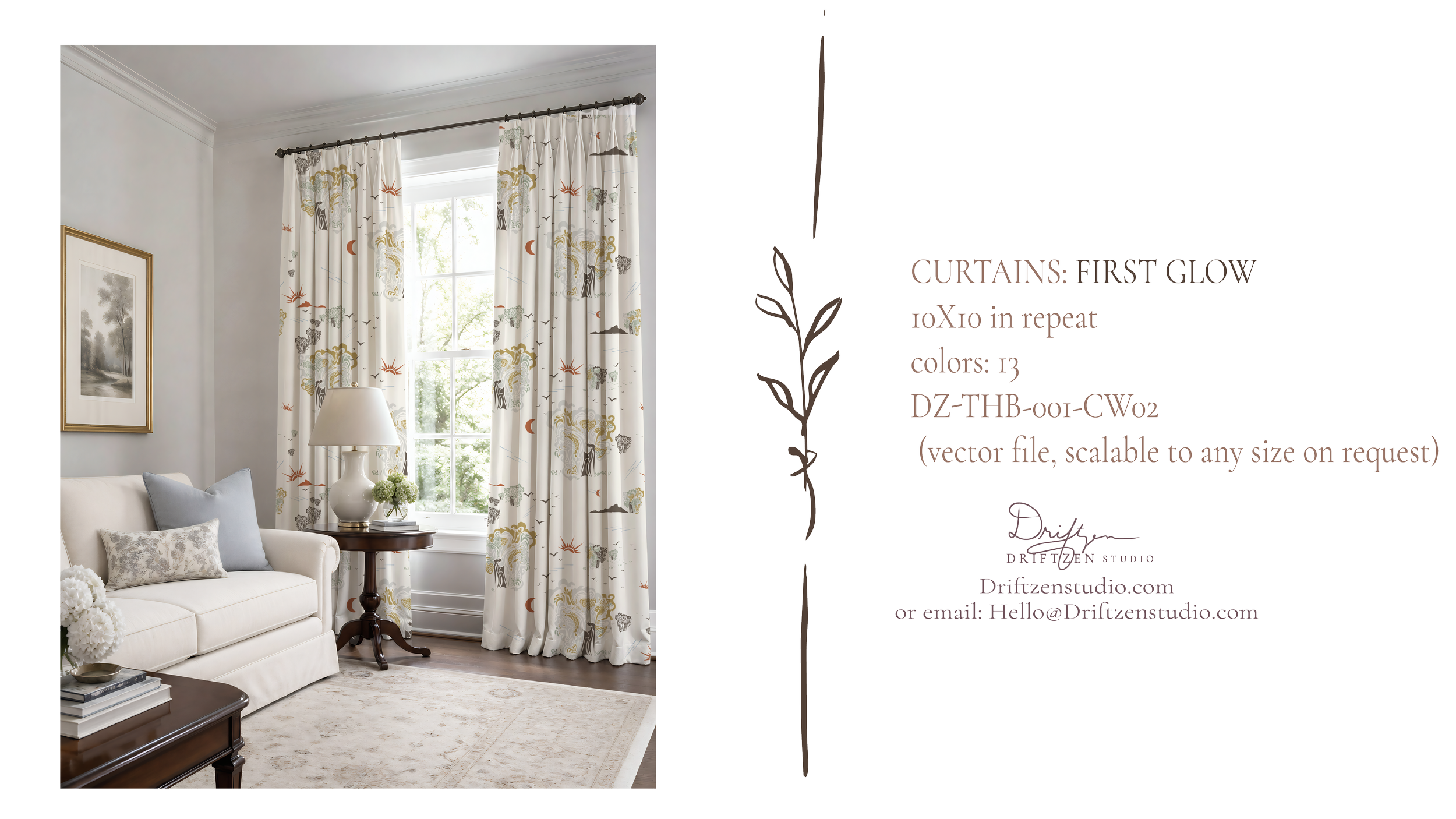 curtains with First Glow colorway of Glow, a repeating botanical pattern with leaves, a low mountain horizon, and a rising sun.