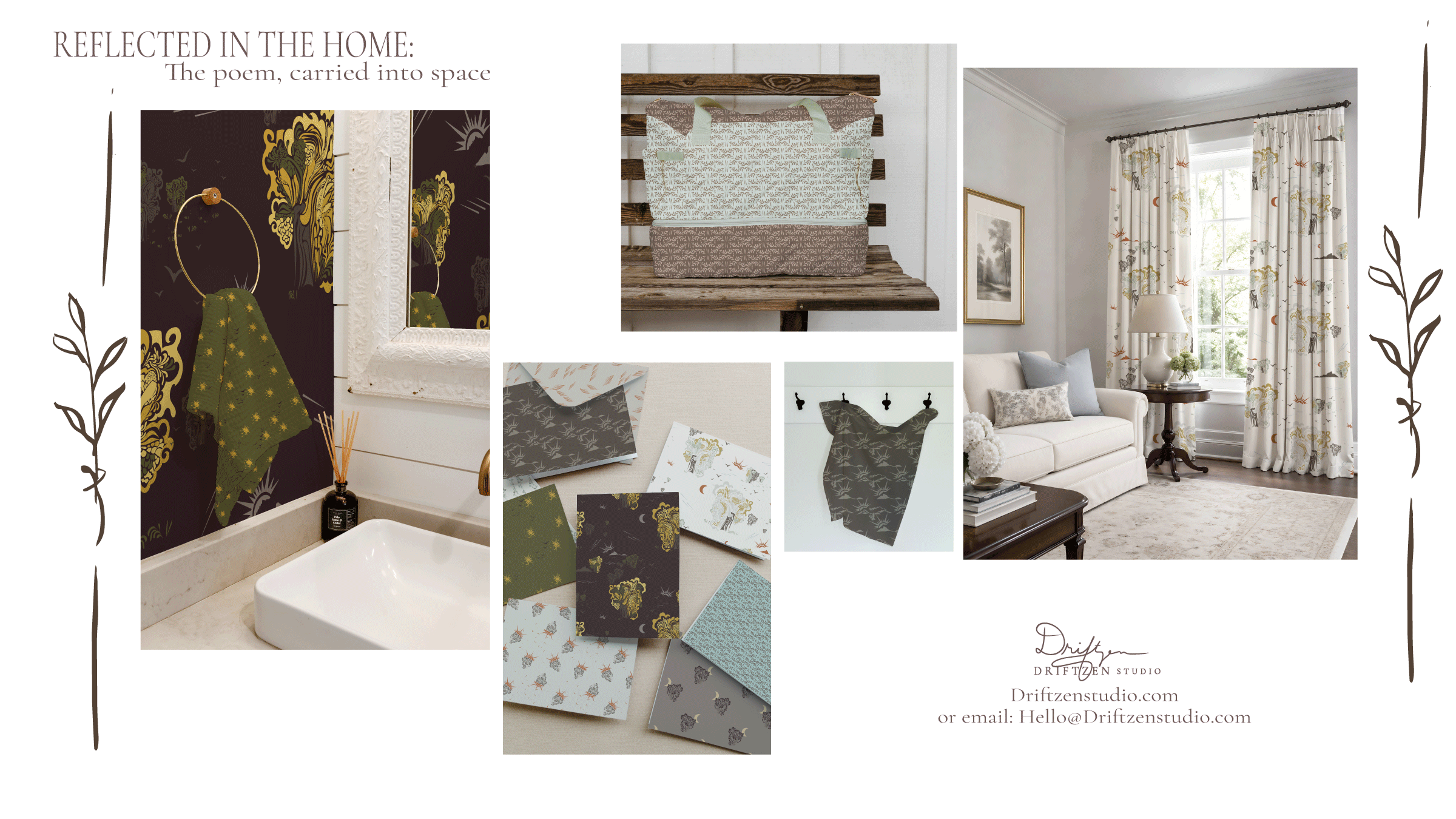 The Hour Between patterns in sage, blue-gray, and dark botanical colors, shown as repeat swatches and mockups of Bathroom Wallpaper, pillows, stationery, and curtains