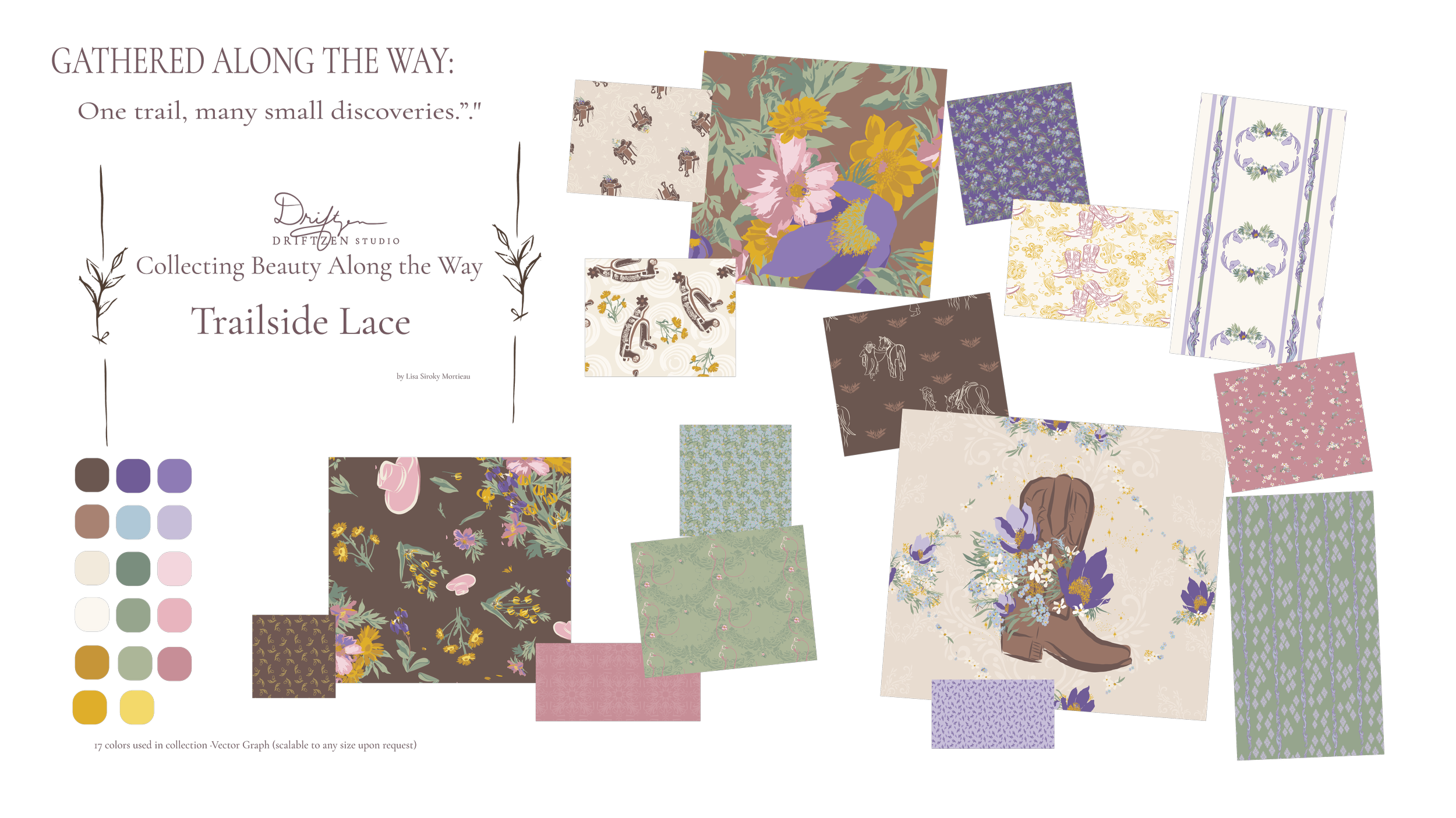 “Gathered Along the Way — closing narrative panel for the Trailside Lace surface pattern collection by Driftzen Studio, Helena Montana”