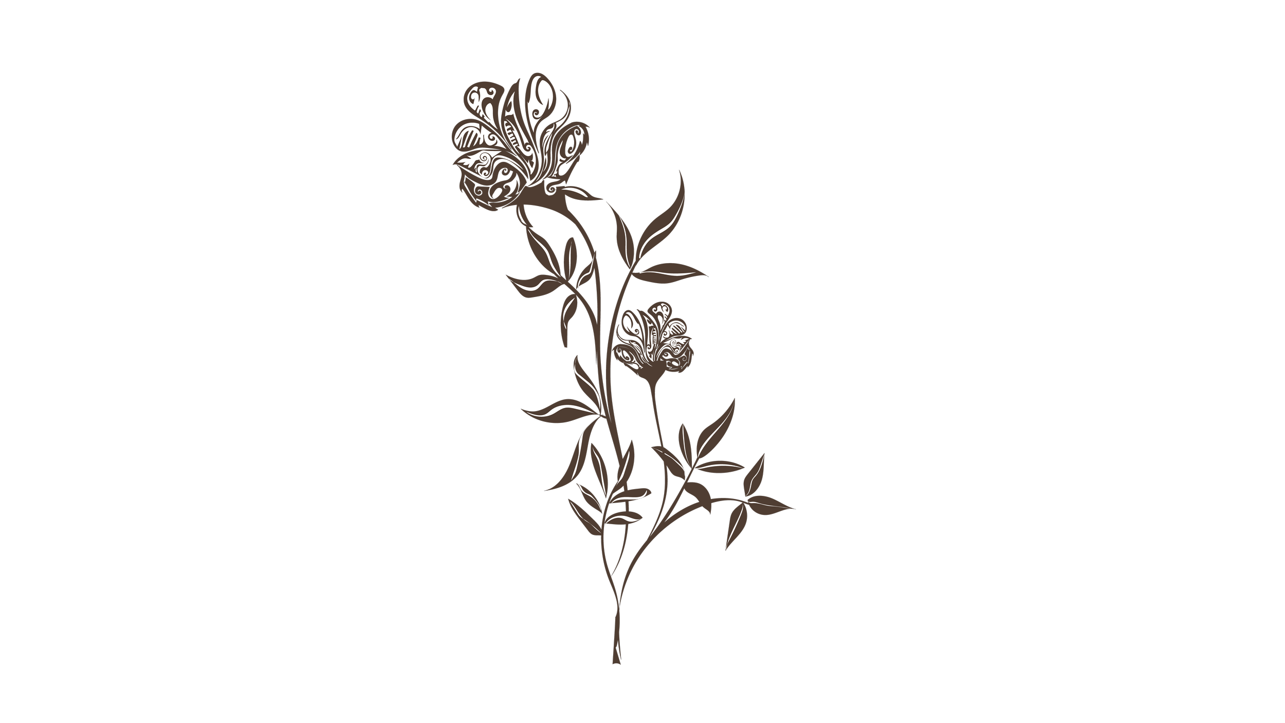 Stylized brown and white floral design on a black background.