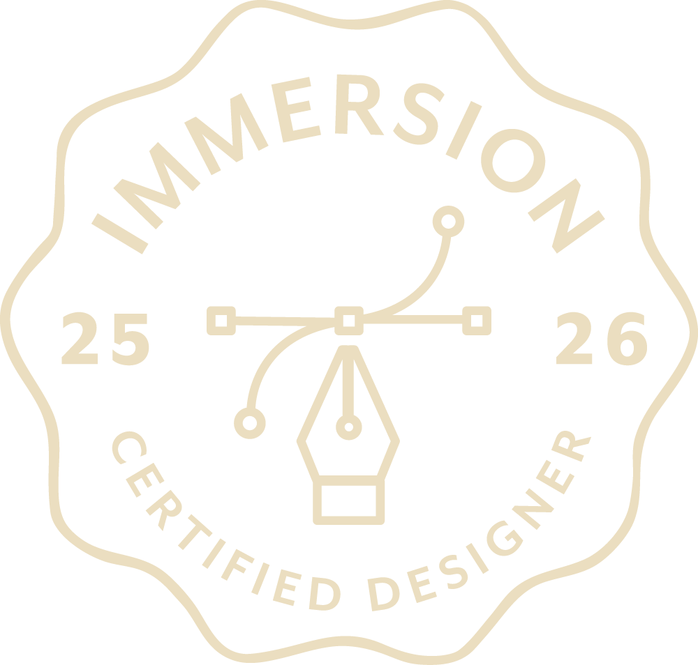 A seal with a beige outline and text that reads "Imagination" at the top and "Certified Designer" at the bottom. The center features a stylized fountain pen nib, with three connecting lines and circles representing a network or constellation.