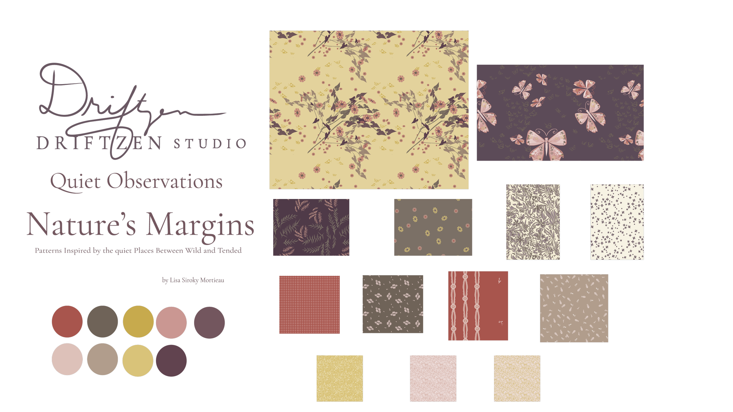 “Nature’s Margins surface pattern collection overview — hand-drawn botanical designs by Driftzen Studio, Montana wildflower-inspired artwork available for fabric and wallpaper licensing”
