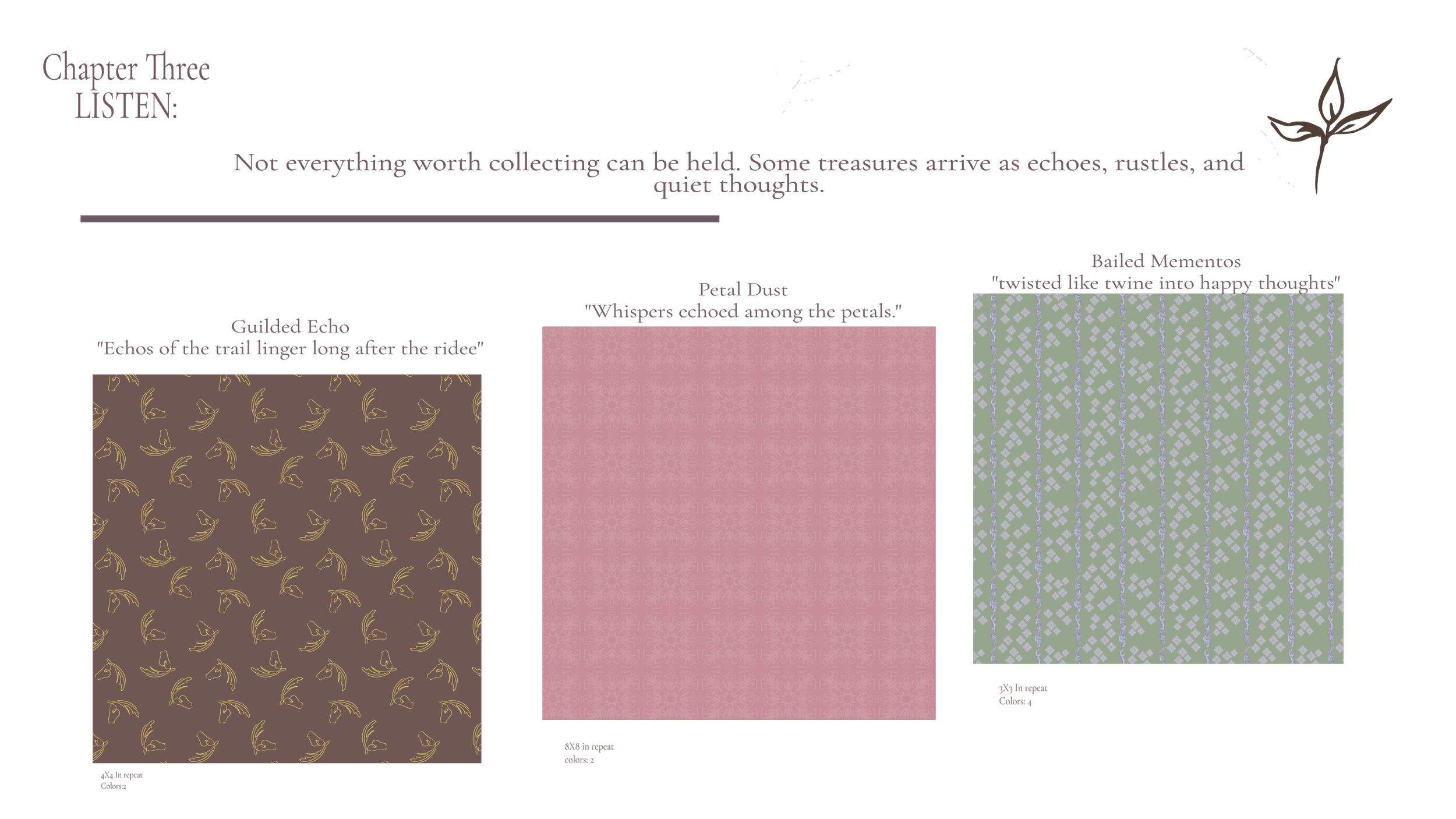 “Listen — third panel of the Trailside Lace collection, hand-drawn Horse, botanical surface pattern design inspired by nature’s quiet details, by Driftzen Studio”