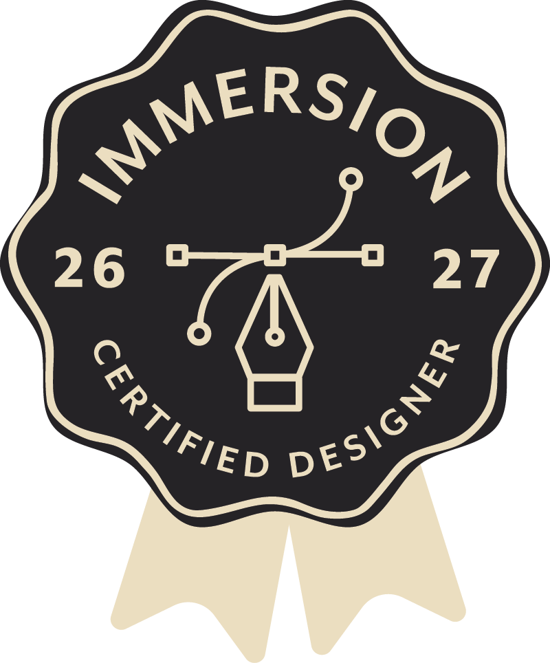 Badge with a black background and cream-colored ribbon, featuring the words 'Impression Certified Designer 26-27' and a graphic of a graphic pen nib and design steering lines.