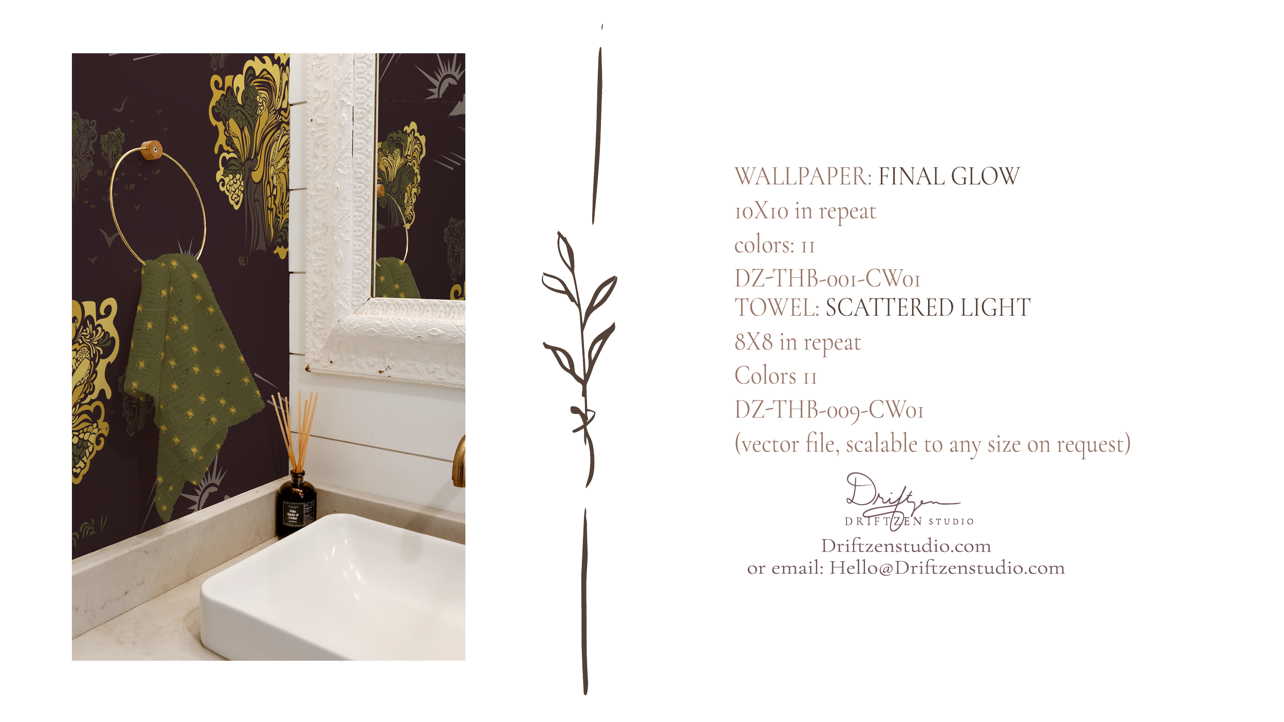 Bathroom image with Final Glow colorway of Glow, a repeating botanical pattern with leaves, a low mountain horizon, and an evening sun.