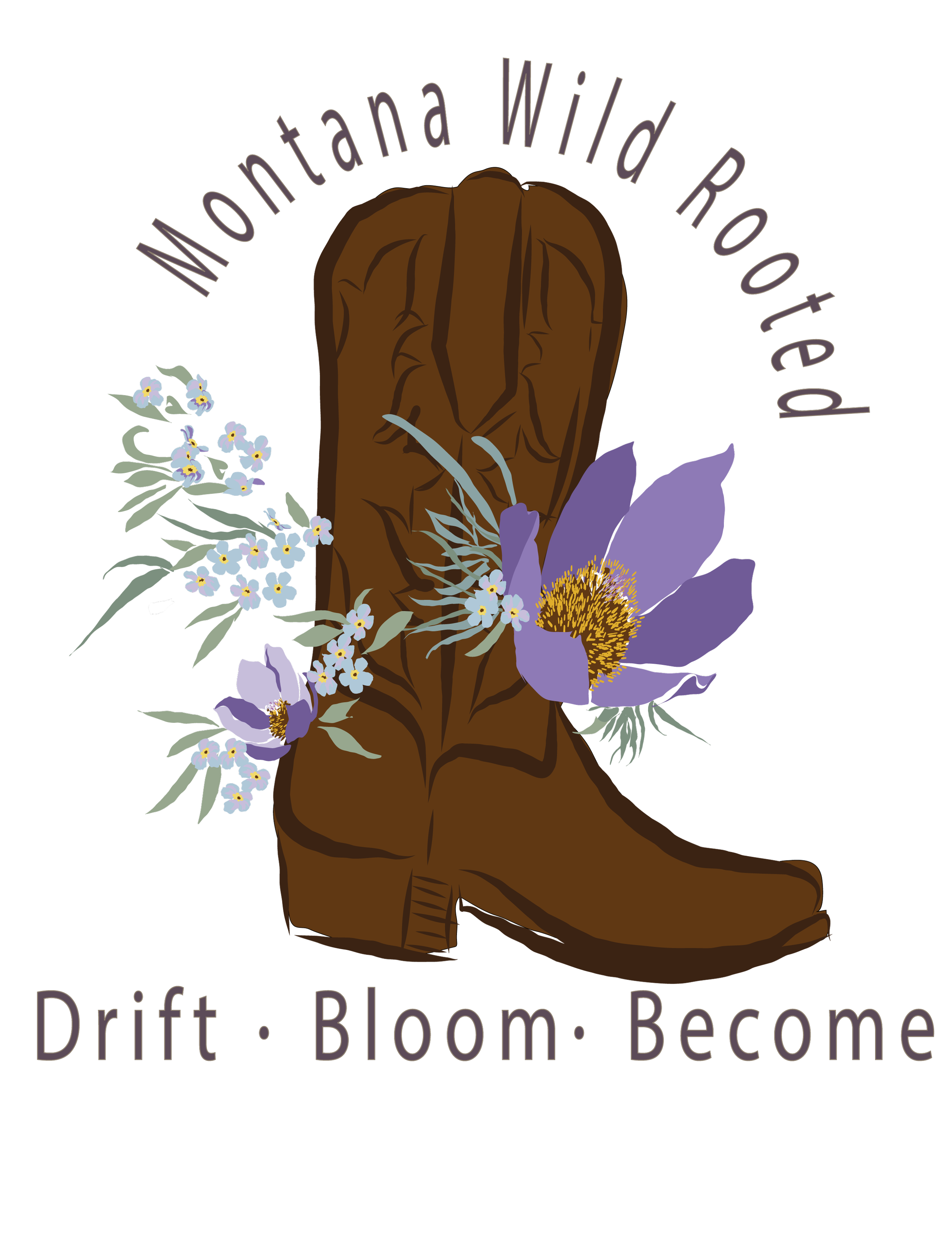Artwork featuring a sitting person with brown hair, surrounded by purple and white flowers, with text "Montana Wild Route" and "Drift. Bloom. Become."
