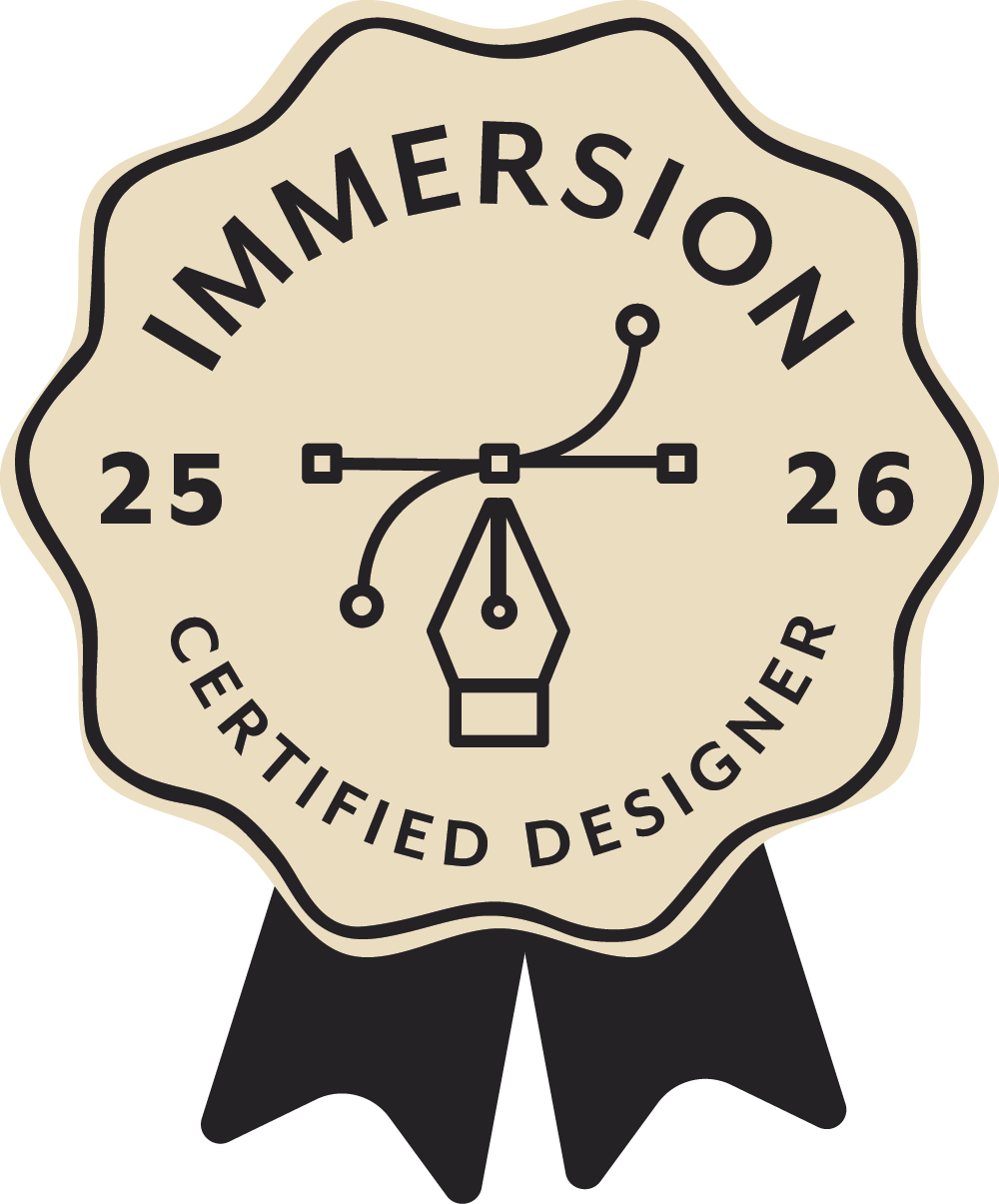 A beige badge with the words 'Imagination Certified Designer' and the years '25' and '26', featuring a stylized drawing of a pen nib and editing tools.