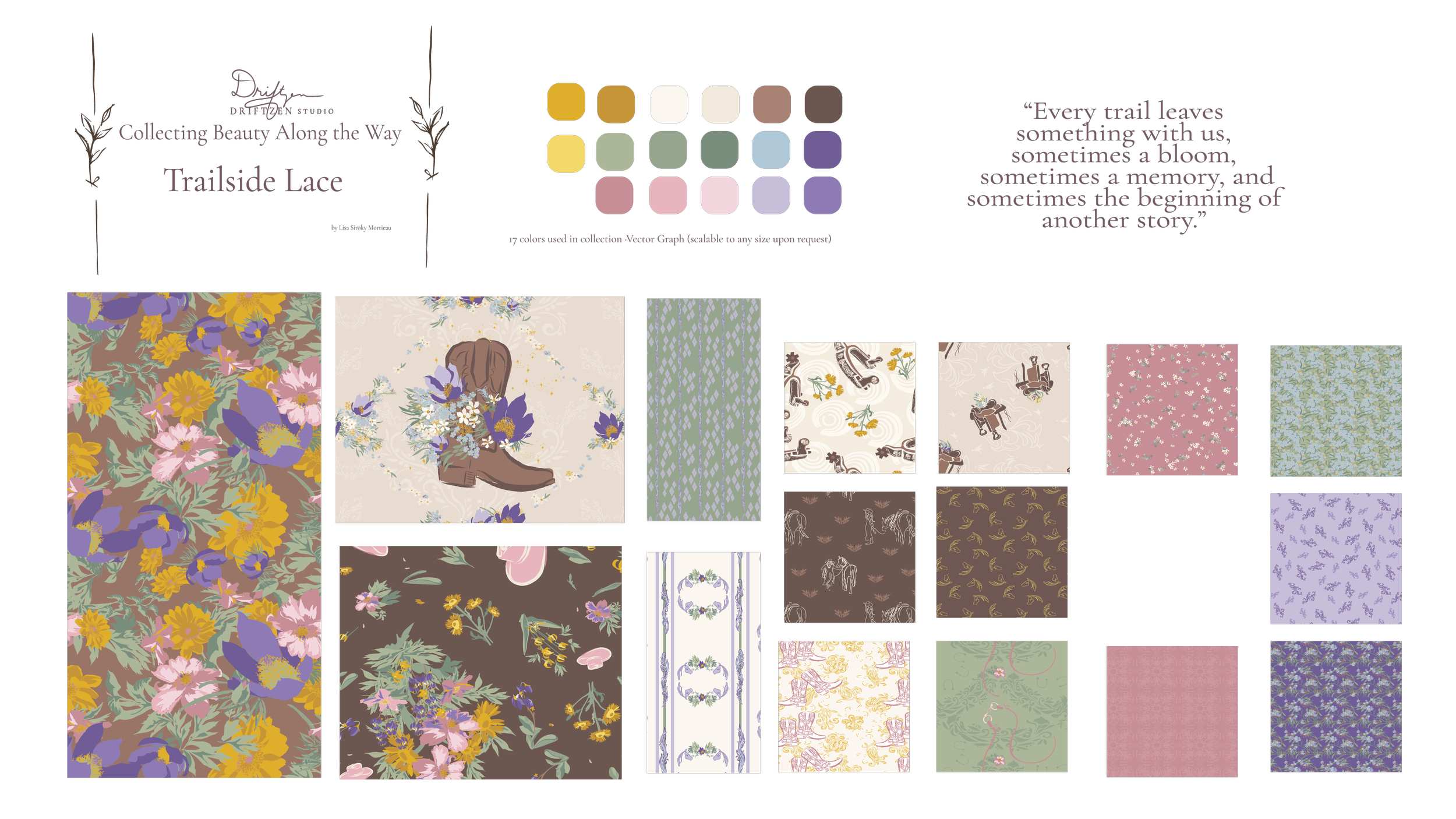 “The complete Trailside Lace surface pattern collection by Driftzen Studio — hand-drawn botanical lace motifs inspired by Montana trailside wildflowers, available for fabric and wallpaper licensing”