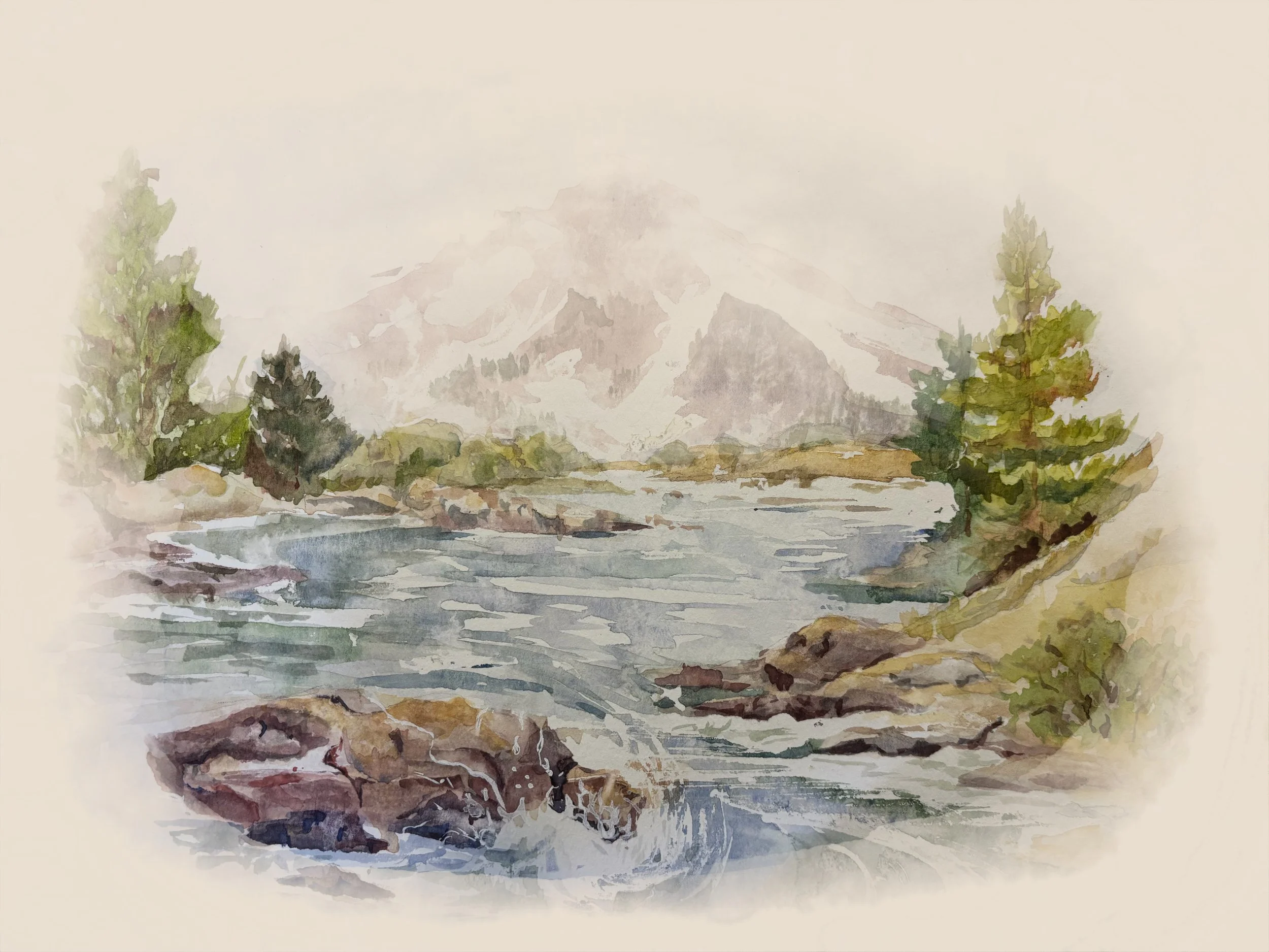 Hand-painted  watercolor landscape insired by Montana mountains and rivers, created as original artwork for Driftzen Sudio's nature-inspired surface pattern design collections.