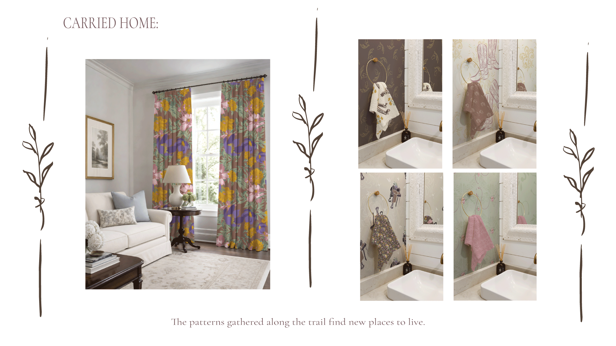 Carried Home Trailside Lace surface pattern collection by Driftzen Studio shown in lifestyle mockups including a living room four bathroom scenes featuring hand towels displayed against Trailside Lace wallpaper lifestyle lisensing