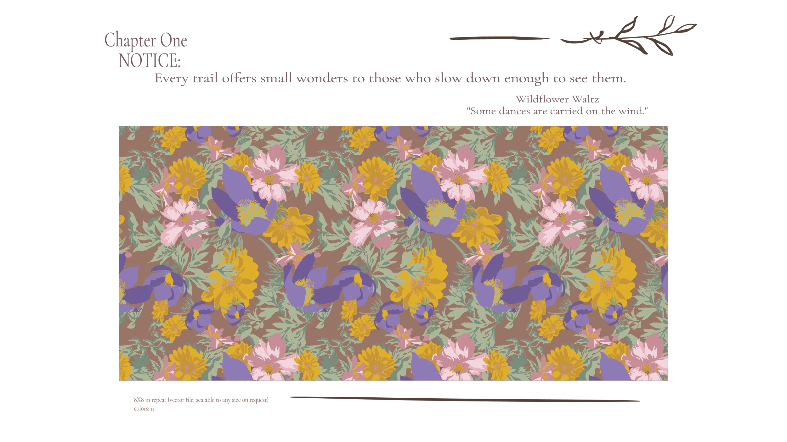 first panel of the Trailside Lace story, wildflower waltz, showing the botanical observation process behind Driftzen Studio’s hand-drawn surface pattern designs”