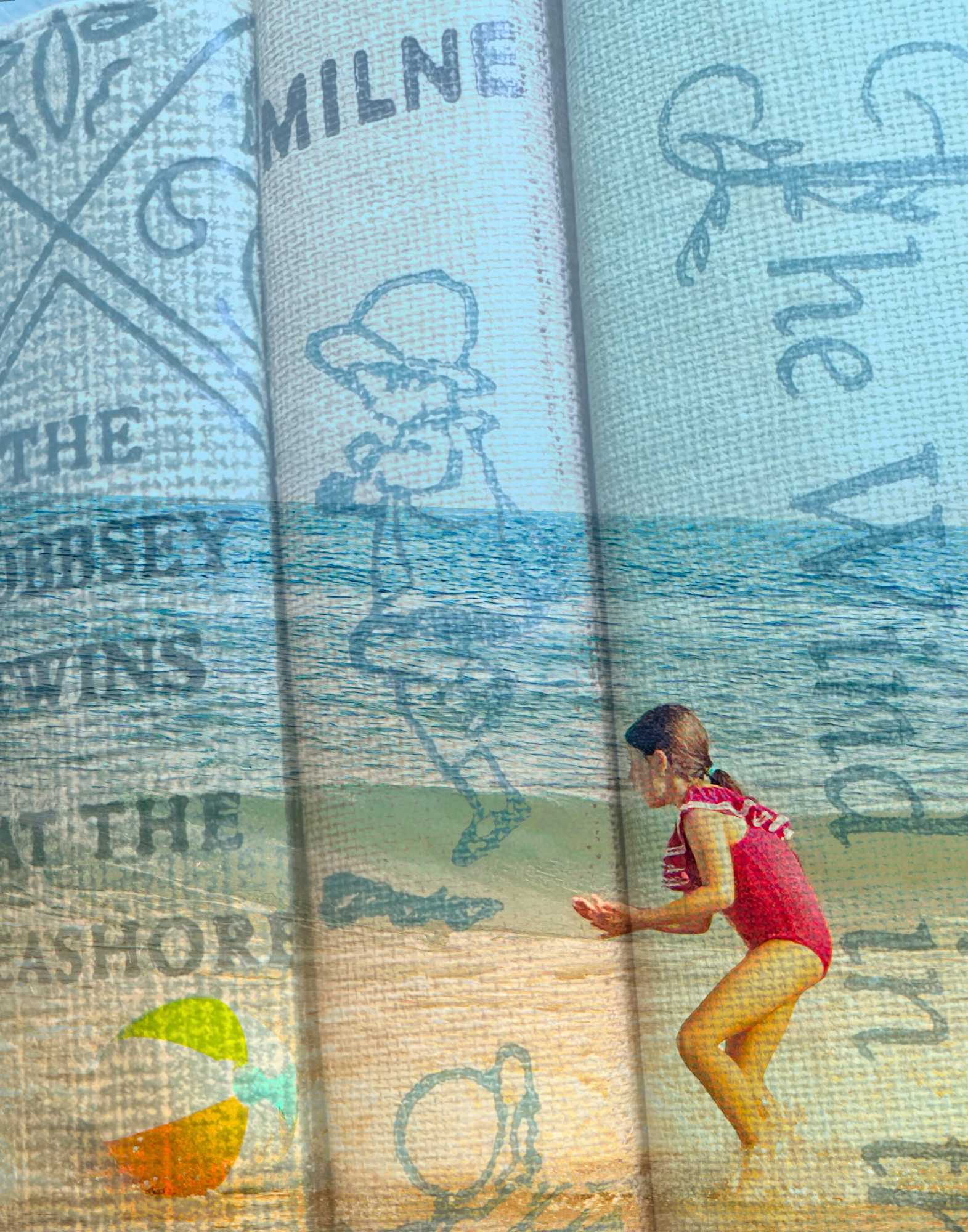 A young girl in a red swimsuit bending forward and playing on the beach with a small ball, superimposed over an open storybook with beach-themed illustrations and text.