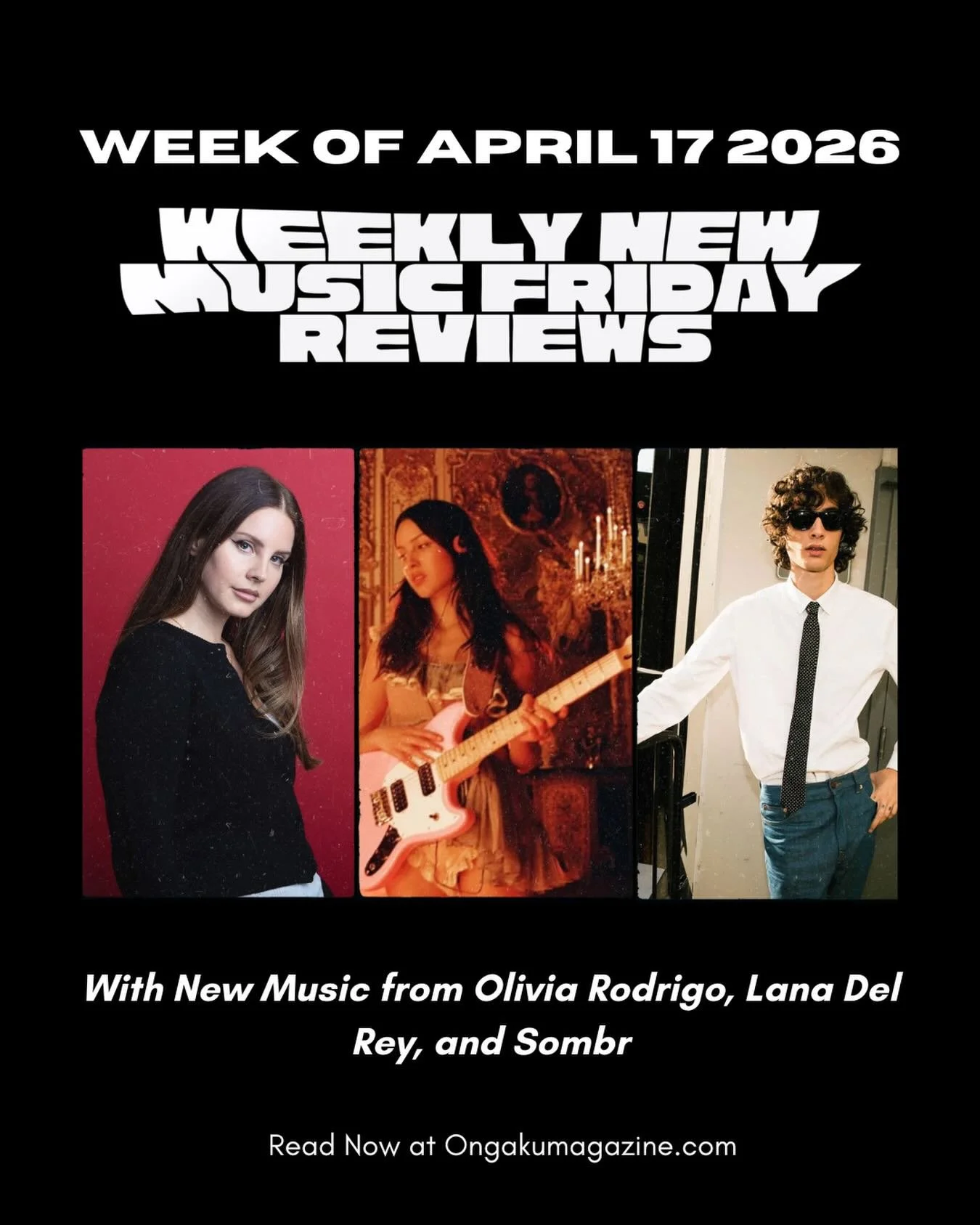 April 17th 2026 NEW MUSIC FRIDAY: @oliviarodrigo @honeymoon @sombr come to wipe the streaming floor! Read more in bio link. 🔗 #sombr #oliviarodrigo #lanadelrey #newmusic #newmusicfridays