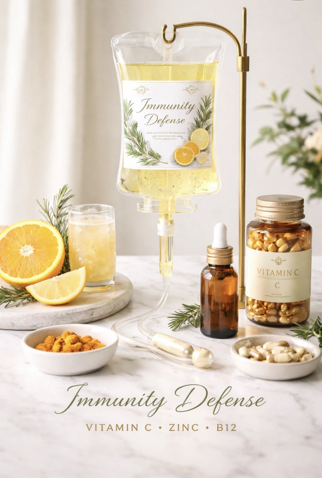 A health supplement setup featuring a bag labeled "Immunity Defense" with lemon and orange slices, a glass of liquid, an orange, a lemon wedge, a small bowl of turmeric powder, a brown bottle with a dropper, a jar labeled "Vitamin C," and a dish of capsules on a white marble surface with green sprigs for decoration.
