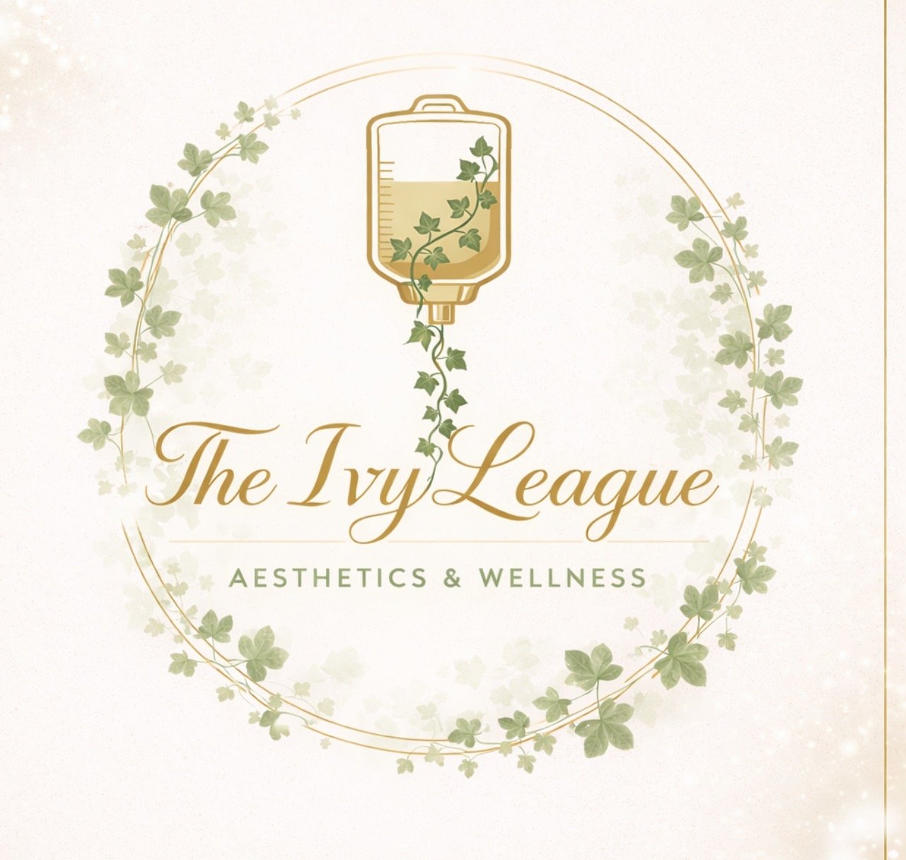 Logo for The Ivy League Aesthetics & Wellness featuring a medical IV bag entwined with greenery and surrounded by a decorative ivy wreath.