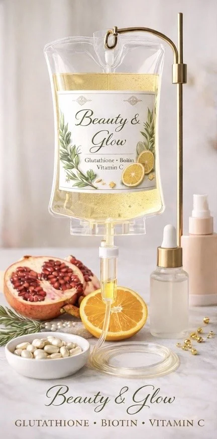 A beauty serum in a clear infusion bag with a gold hook, labeled 'Beauty & Glow' with ingredients listed as glutathione, biotin, and vitamin C. Surrounding the bag are halved pomegranate, sliced orange, a small bowl of white capsules, a pink dropper bottle, and a small spray bottle on a white surface.