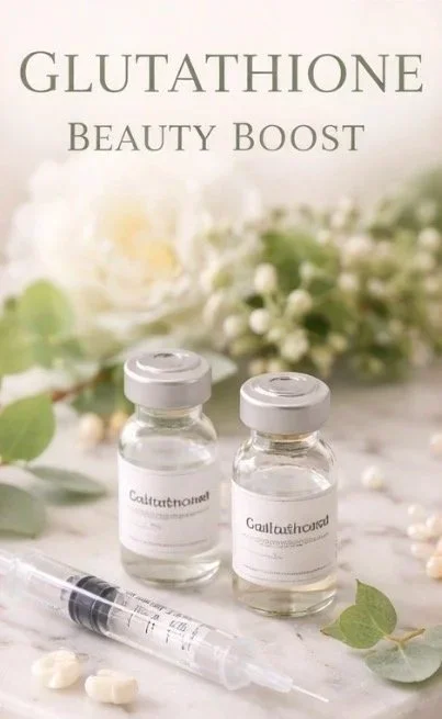 Two small glass bottles labeled 'Glutathione' with a syringe and some capsules on a white surface, with blurred green plants and white flowers in the background.