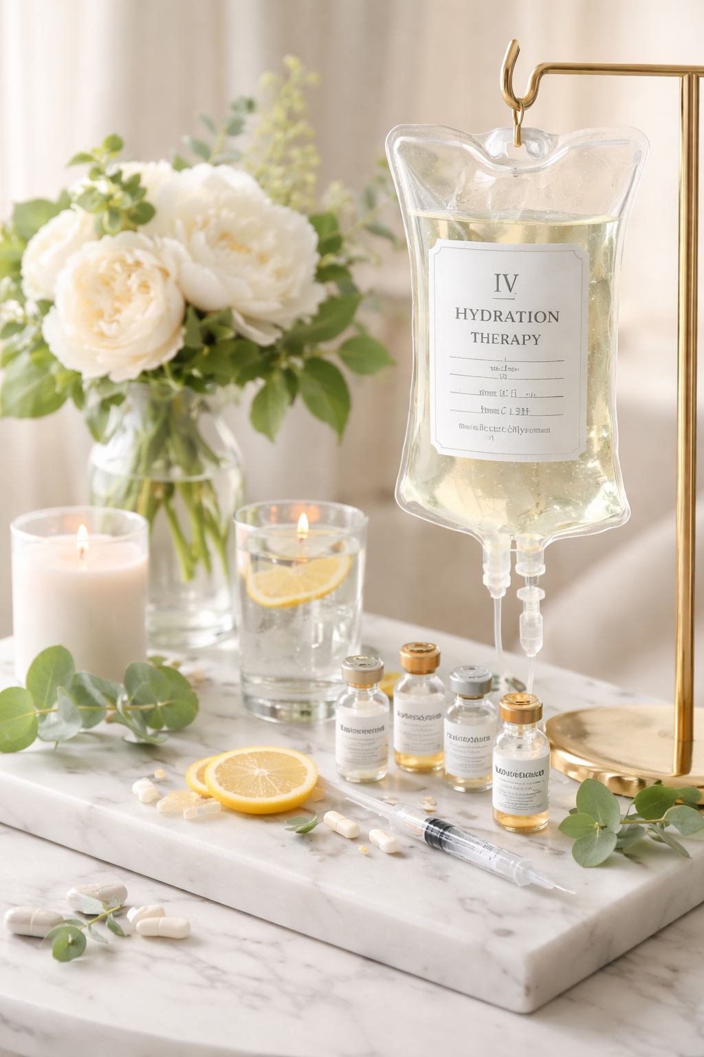 IV hydration therapy bag, flowers, candles, lemon slices, small vials with medicine, syringe, and eucalyptus leaves on marble surface, suggesting a spa or medical setting.