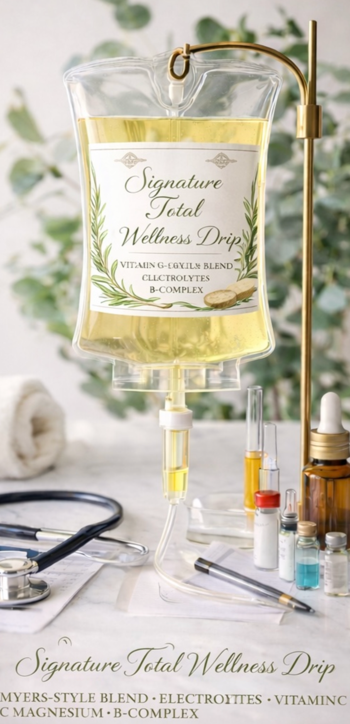 A clear IV drip bag filled with yellow liquid labeled 'Signature Total Wellness Drip' sits on a stand amid various medical supplies and bottles on a white surface with a blurred green foliage background.