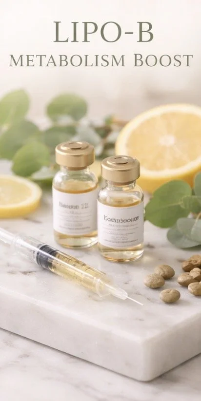 Vials labeled Lipo-B, a syringe, lemon halves, green leaves, and small pills on a white surface with a banner reading Lipo-B Metabolism Boost in the background.